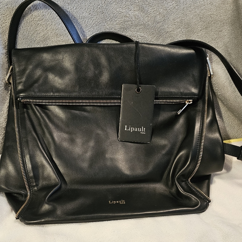Lipault Paris Backpack Black Leather Backpack Adjustable Straps Carry Handle